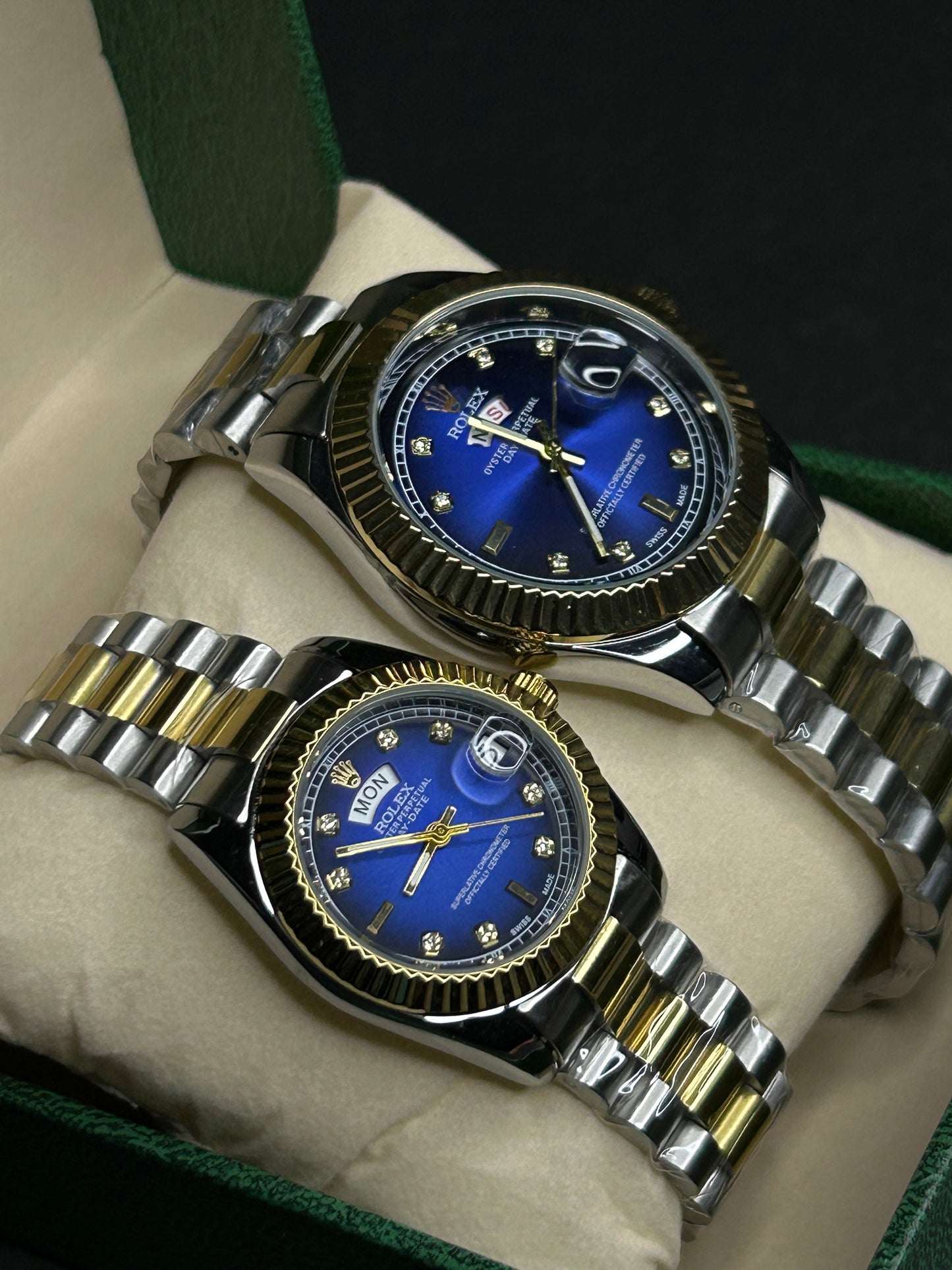 Luxury Two-Tone Rolex Day-Date Couple Watch Set – Royal Blue Dial