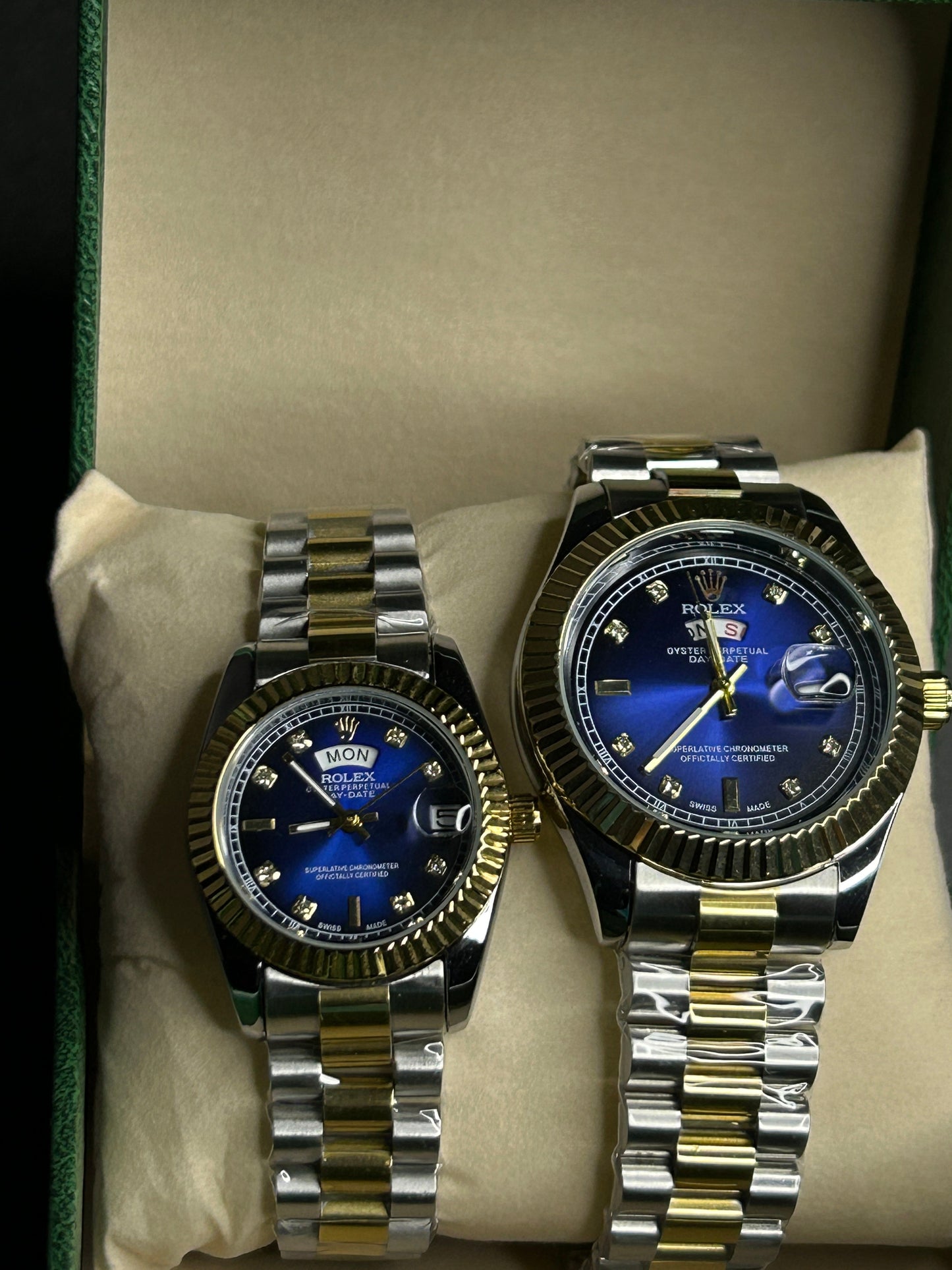 Luxury Two-Tone Rolex Day-Date Couple Watch Set – Royal Blue Dial