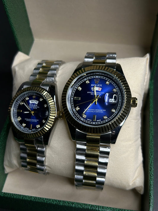 Luxury Two-Tone Rolex Day-Date Couple Watch Set – Royal Blue Dial