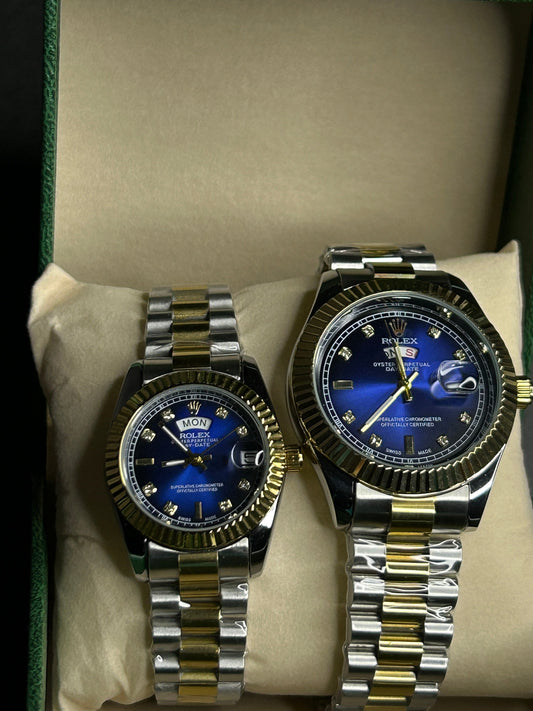 Luxury Two-Tone Rolex Day-Date Couple Watch Set – Royal Blue Dial